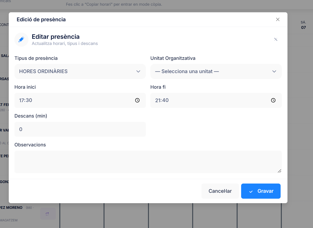 Modal Edició de presència